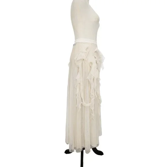 CHRISTIAN DIOR Beige Silk Tulle Ruffled Asymmetric Midi A-Line Sheer Skirt 36 - Picture 3 of 8